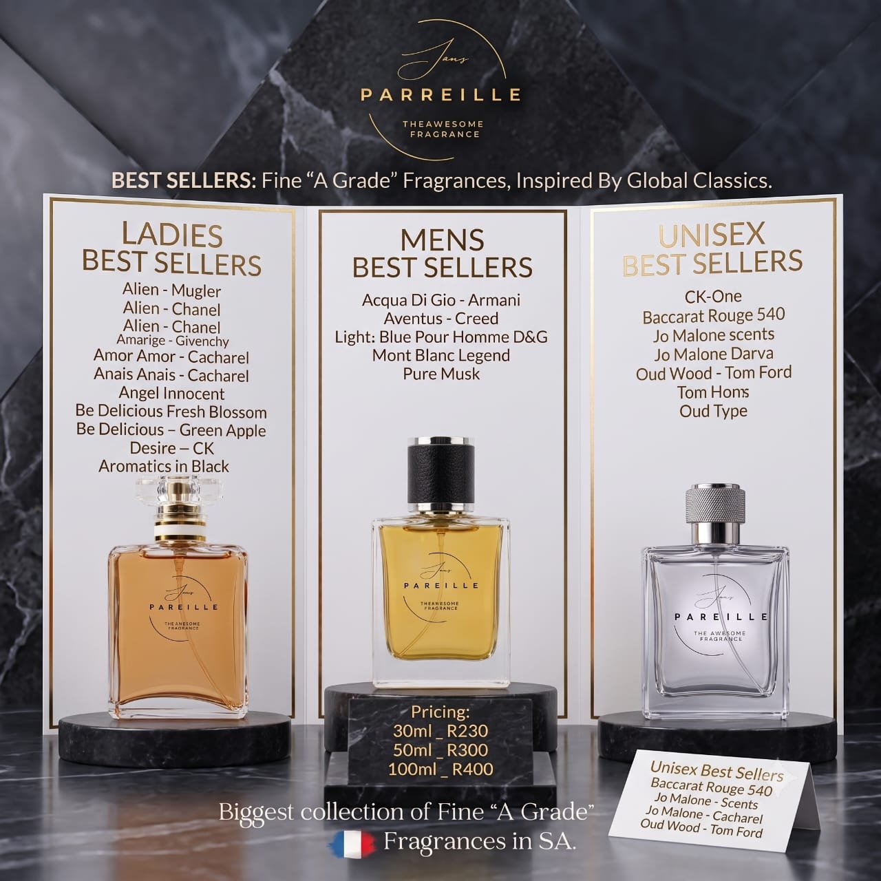 Sans Pareil best sellers — ladies, men's and unisex fragrances inspired by global classics